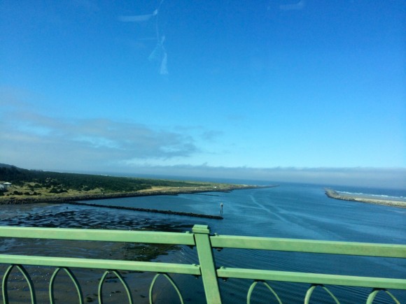 The view as we crossed the Yaquina Bay Bridge, an arch bridge that spans Yaquina Bay south of Newport, Oregon. 